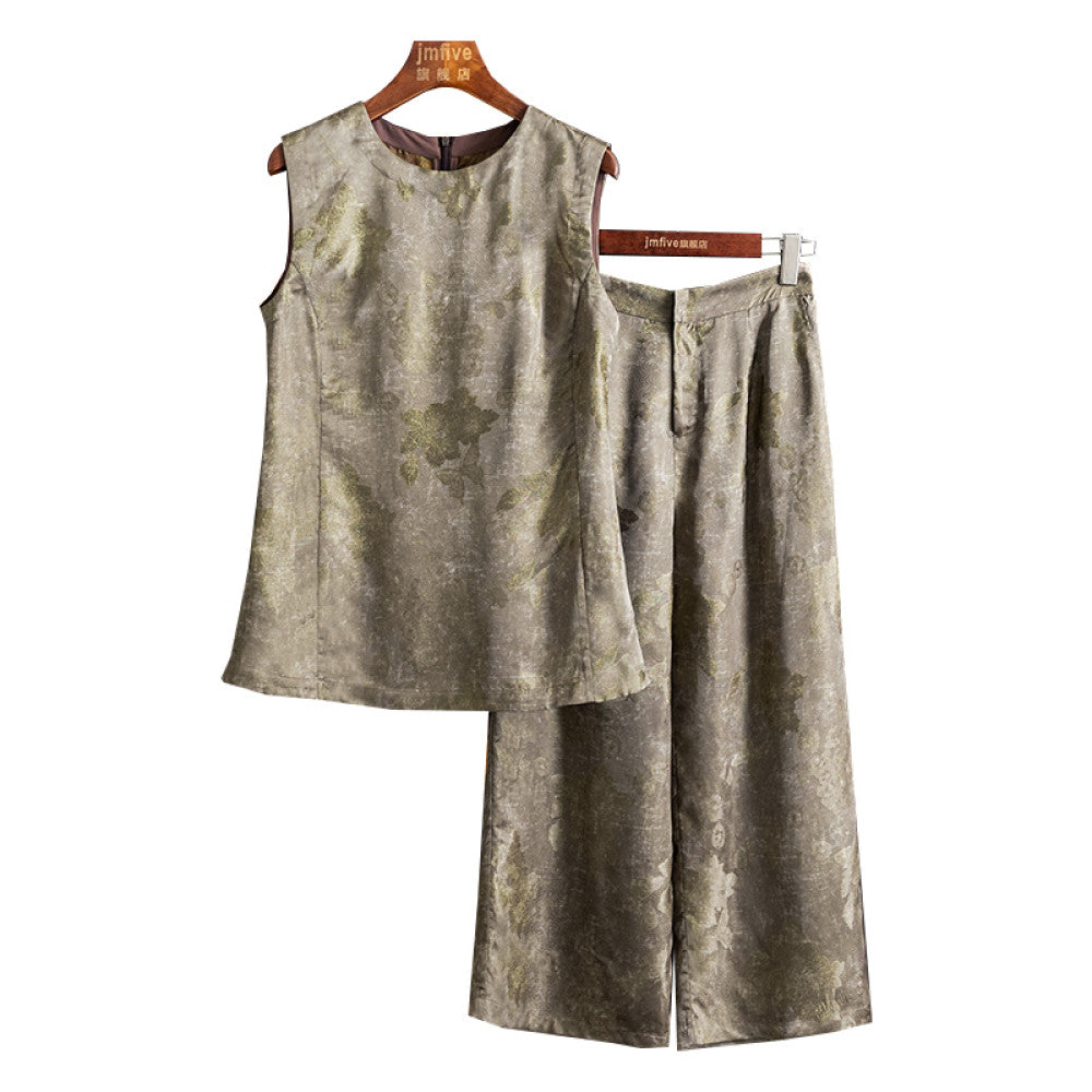 New Chinese style silk fragrant cloud yarn fashionable and elegant suit for women in summer 2025 retro style top wide leg pants image 9