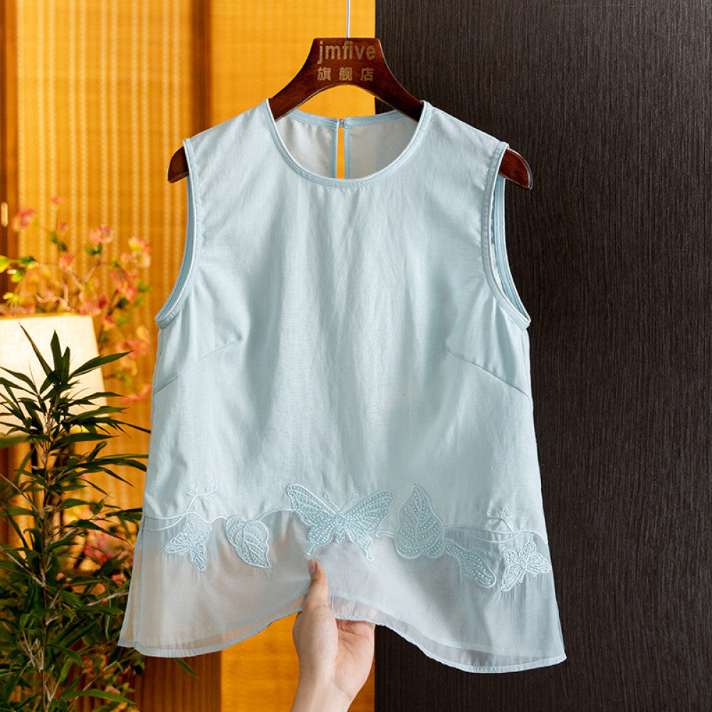 Elegant temperament linen embroidery set 2025 summer new product fashionable casual sleeveless top half skirt two piece set image 13