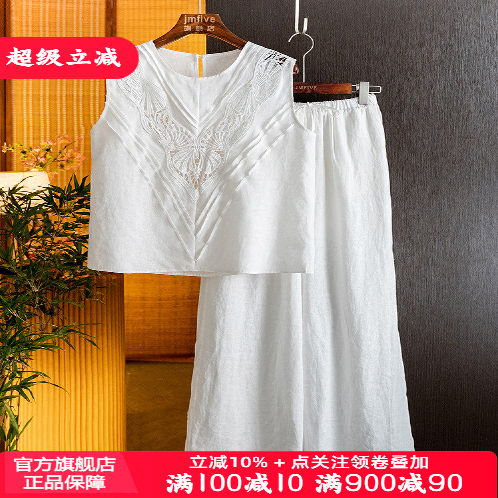 French fashion linen western style set for women in summer 2025 new high end sleeveless top wide leg pants two piece set for women image 1