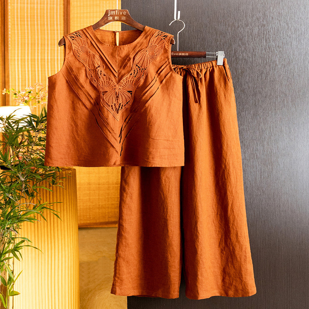 French fashion linen western style set for women in summer 2025 new high end sleeveless top wide leg pants two piece set for women image 2