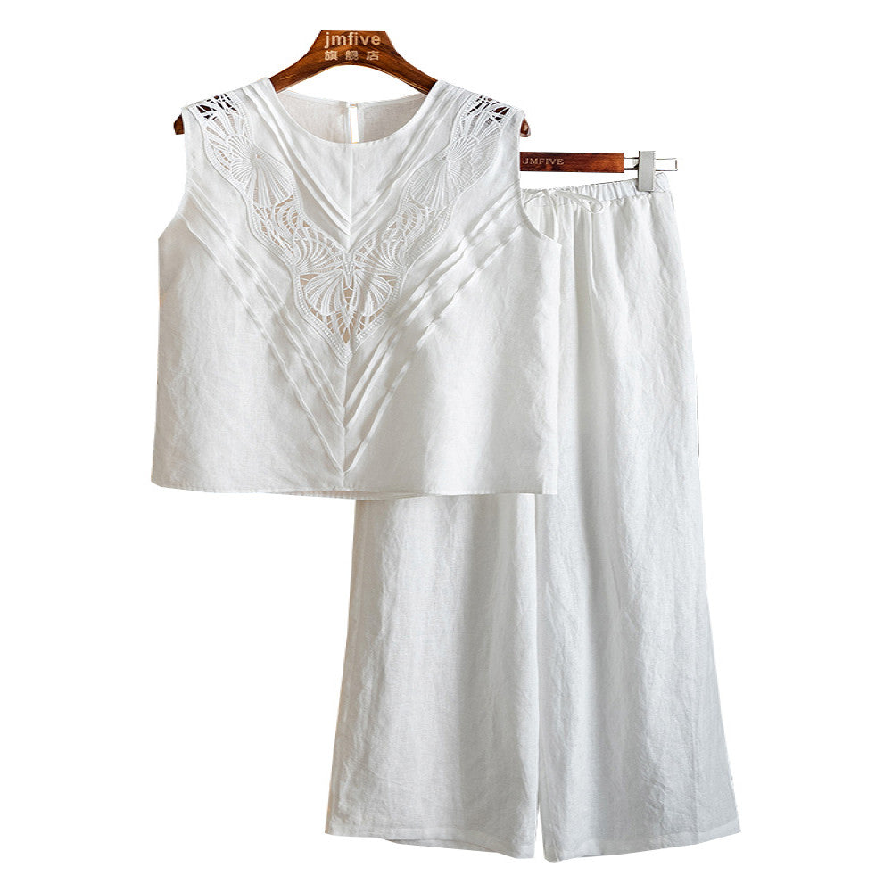 French fashion linen western style set for women in summer 2025 new high end sleeveless top wide leg pants two piece set for women image 5