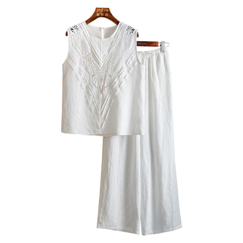 French fashion linen western style set for women in summer 2025 new high end sleeveless top wide leg pants two piece set for women image 9