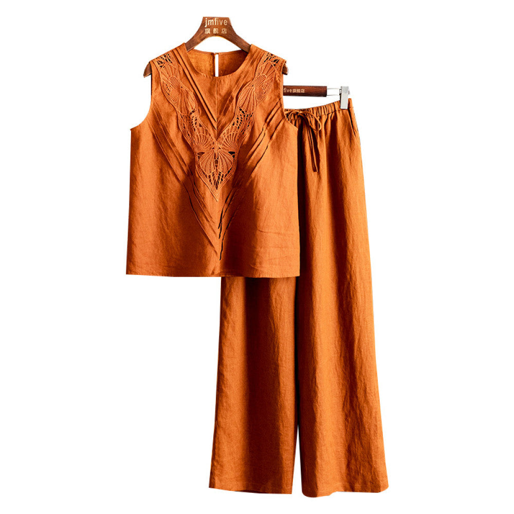 French fashion linen western style set for women in summer 2025 new high end sleeveless top wide leg pants two piece set for women image 16