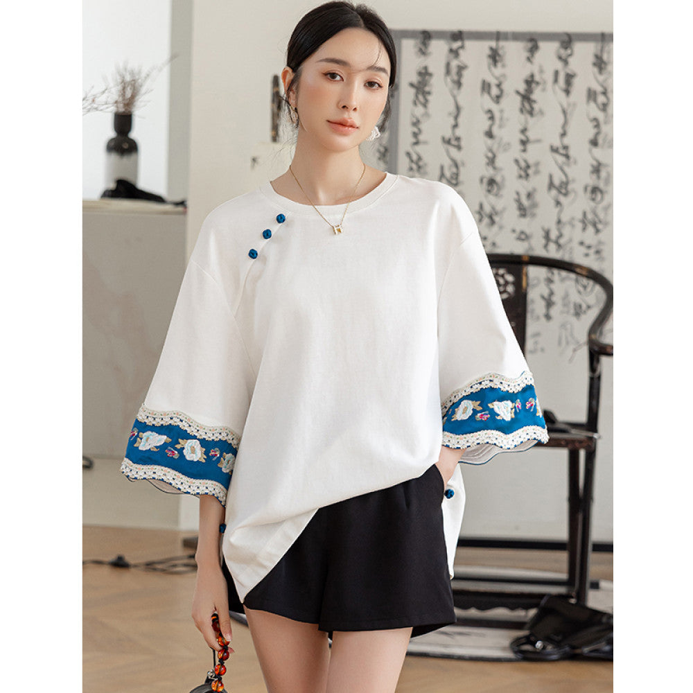 New Chinese style round neck cotton T shirt top with a female design sense niche casual loose fit Chinese style embroidered five quarter sleeve shirt image 7