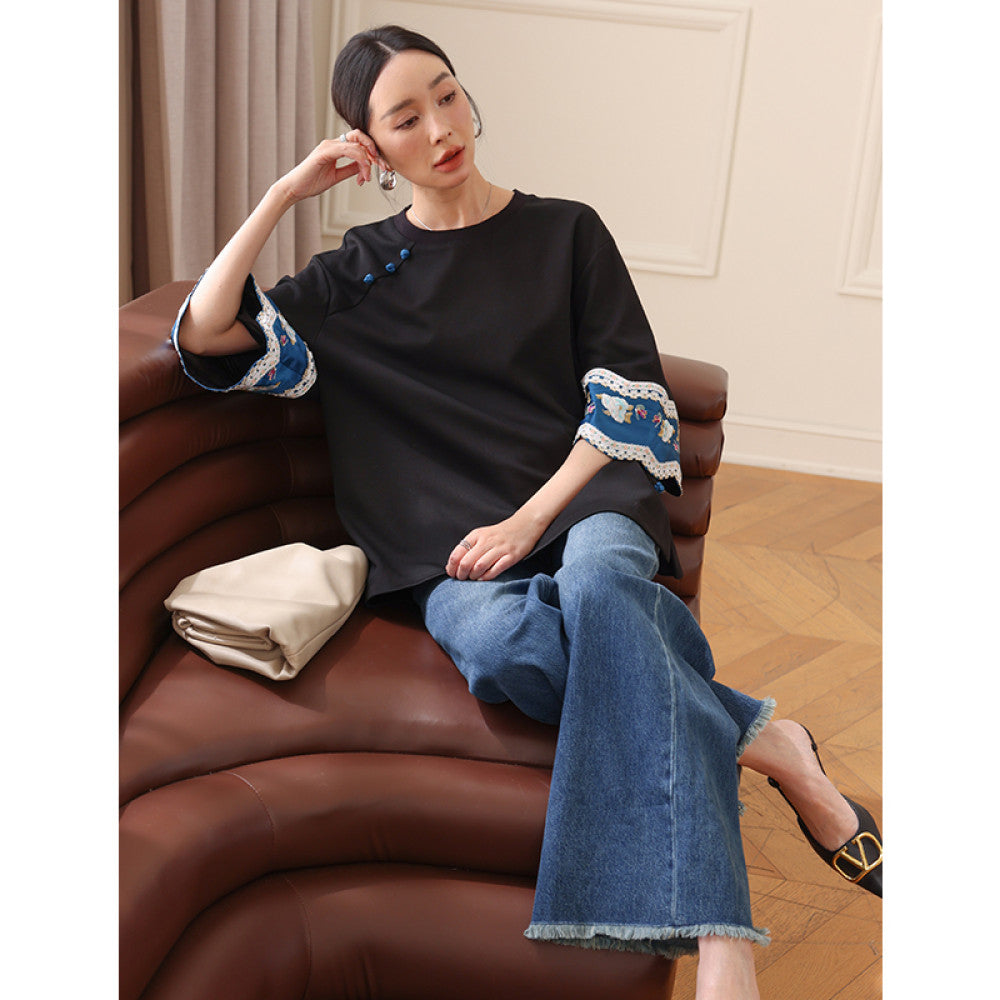 New Chinese style round neck cotton T shirt top with a female design sense niche casual loose fit Chinese style embroidered five quarter sleeve shirt image 22