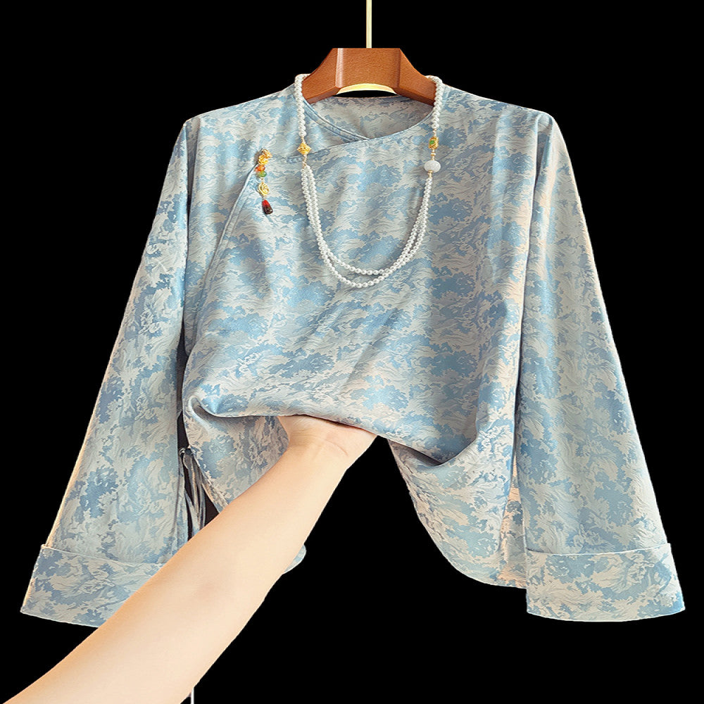 Blue trendy new Chinese style silk shirt with long sleeved women s design retro slanted collar and buckle Chinese style mulberry silk top image 0