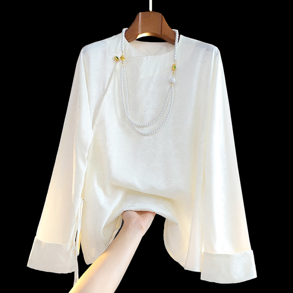 Blue trendy new Chinese style silk shirt with long sleeved women s design retro slanted collar and buckle Chinese style mulberry silk top image 8