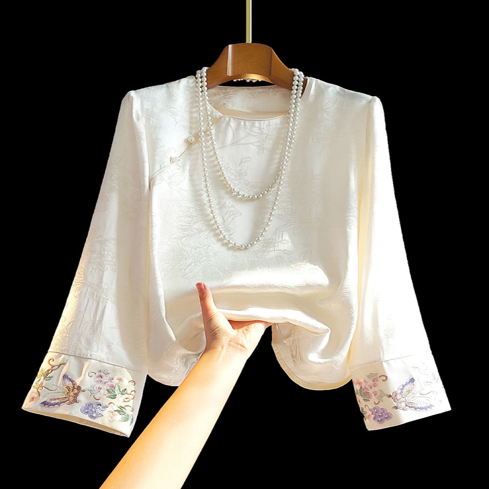 New Chinese style silk jacquard women s shirt with long sleeves spring new style improved slanted collar and buckle Chinese style versatile interior top image 1