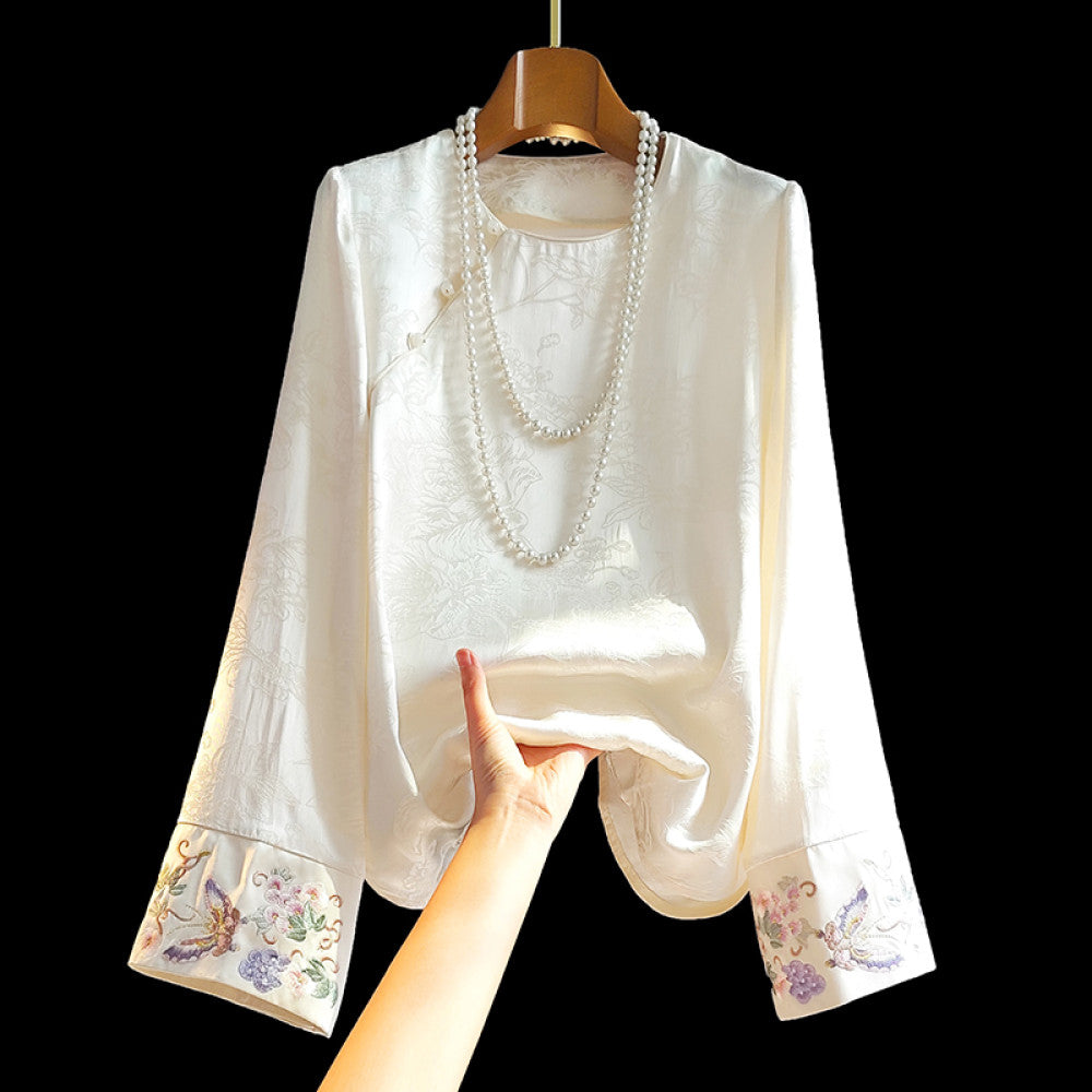 New Chinese style silk jacquard women s shirt with long sleeves spring new style improved slanted collar and buckle Chinese style versatile interior top image 12