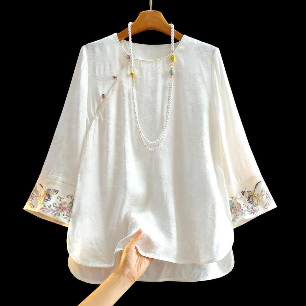 New Chinese style silk jacquard women s shirt with long sleeves spring new style improved slanted collar and buckle Chinese style versatile interior top image 16