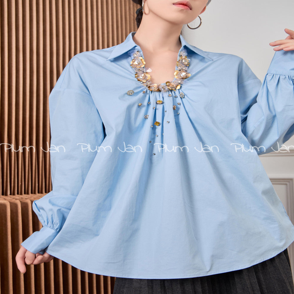 Plum Jan Copper Sulfate Wearing Blue High Design French Shirt Autumn 2025 New Top for Women image 9