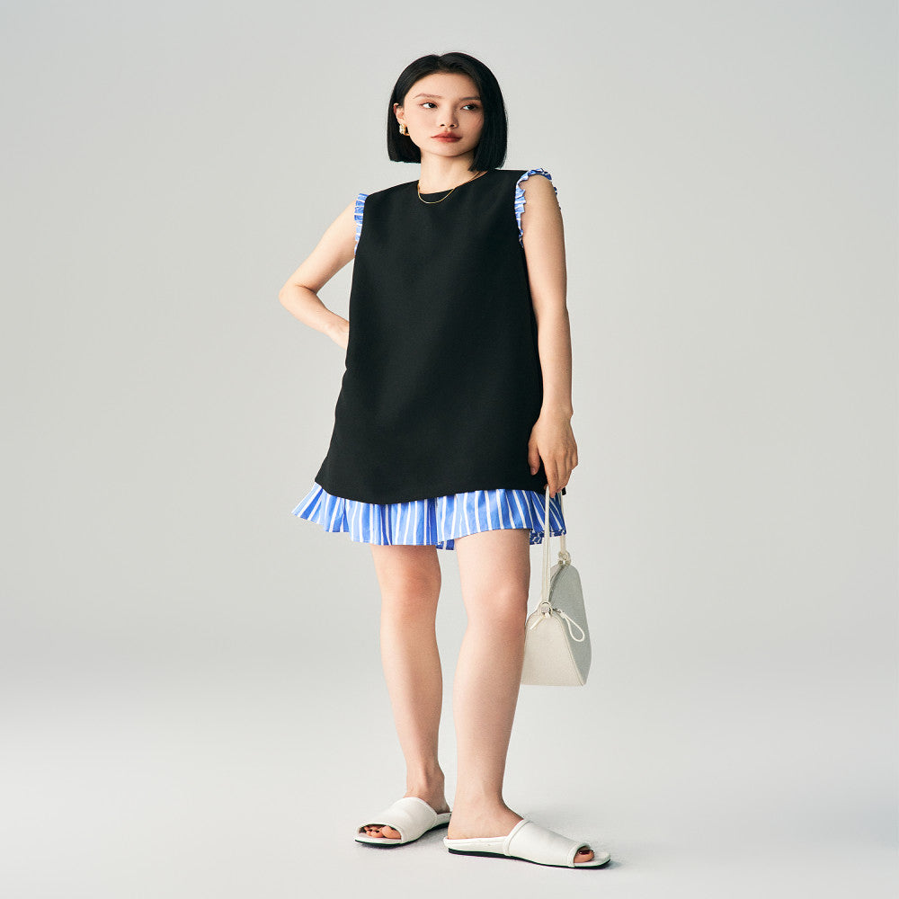 Minimalist temperament summer striped patchwork triacetate dress women s sleeveless slimming French style short vest small black skirt image 0