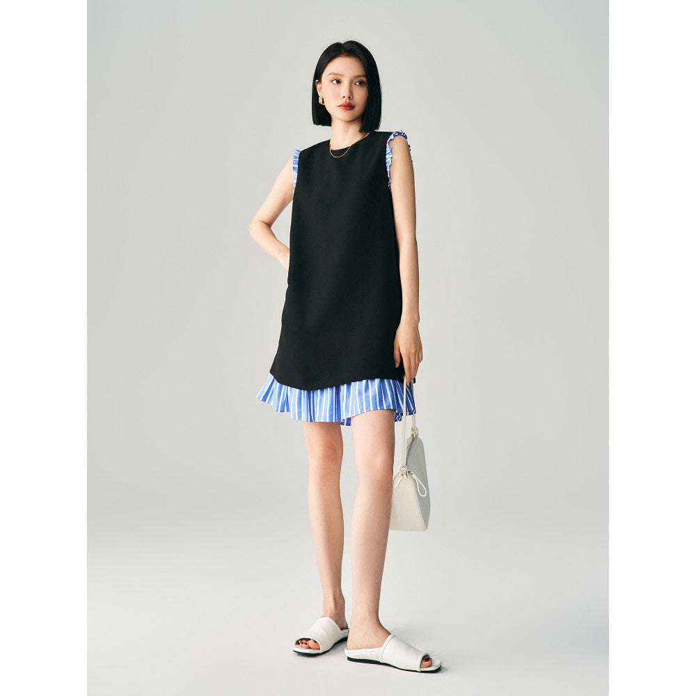 Minimalist temperament summer striped patchwork triacetate dress women s sleeveless slimming French style short vest small black skirt image 6