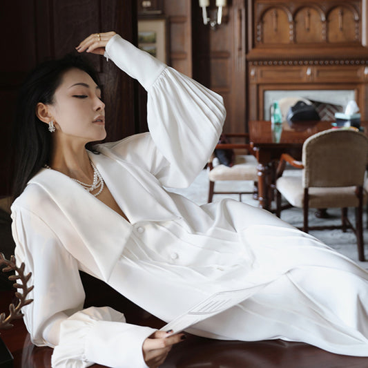 ASAYA4227 🤍 White French Retro V-Neck Pleated Dress ✨