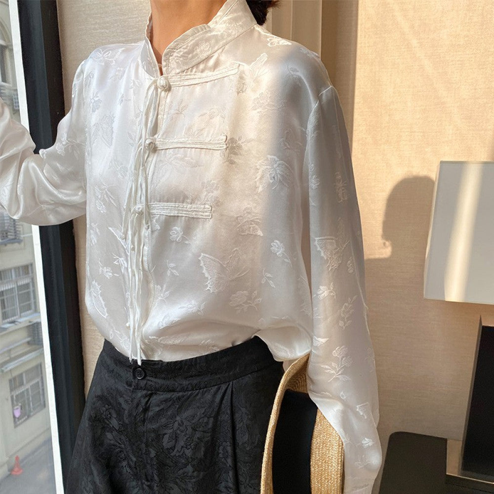 Heavy duty silk top women s buckle 2025 Spring and Autumn new shirt jacquard Chinese retro silk young Tang fashion trend image 2
