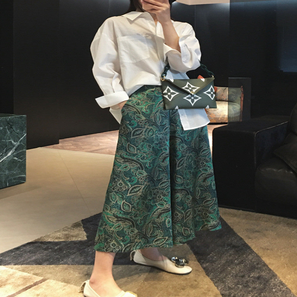 Heavy silk wrinkled satin wide leg pants with Chinese style improved cheongsam pants with ancient printing 2025 spring and autumn new versatile collection image 2