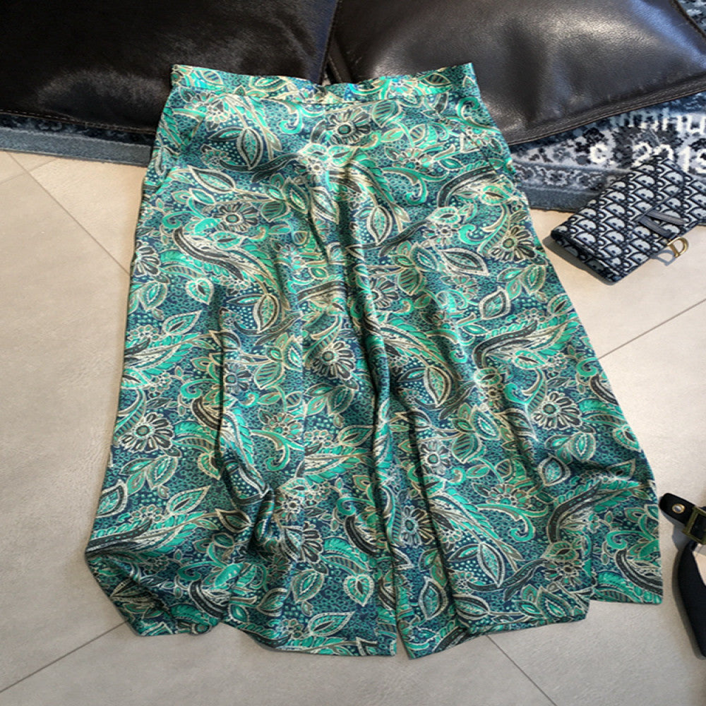 Heavy silk wrinkled satin wide leg pants with Chinese style improved cheongsam pants with ancient printing 2025 spring and autumn new versatile collection image 4