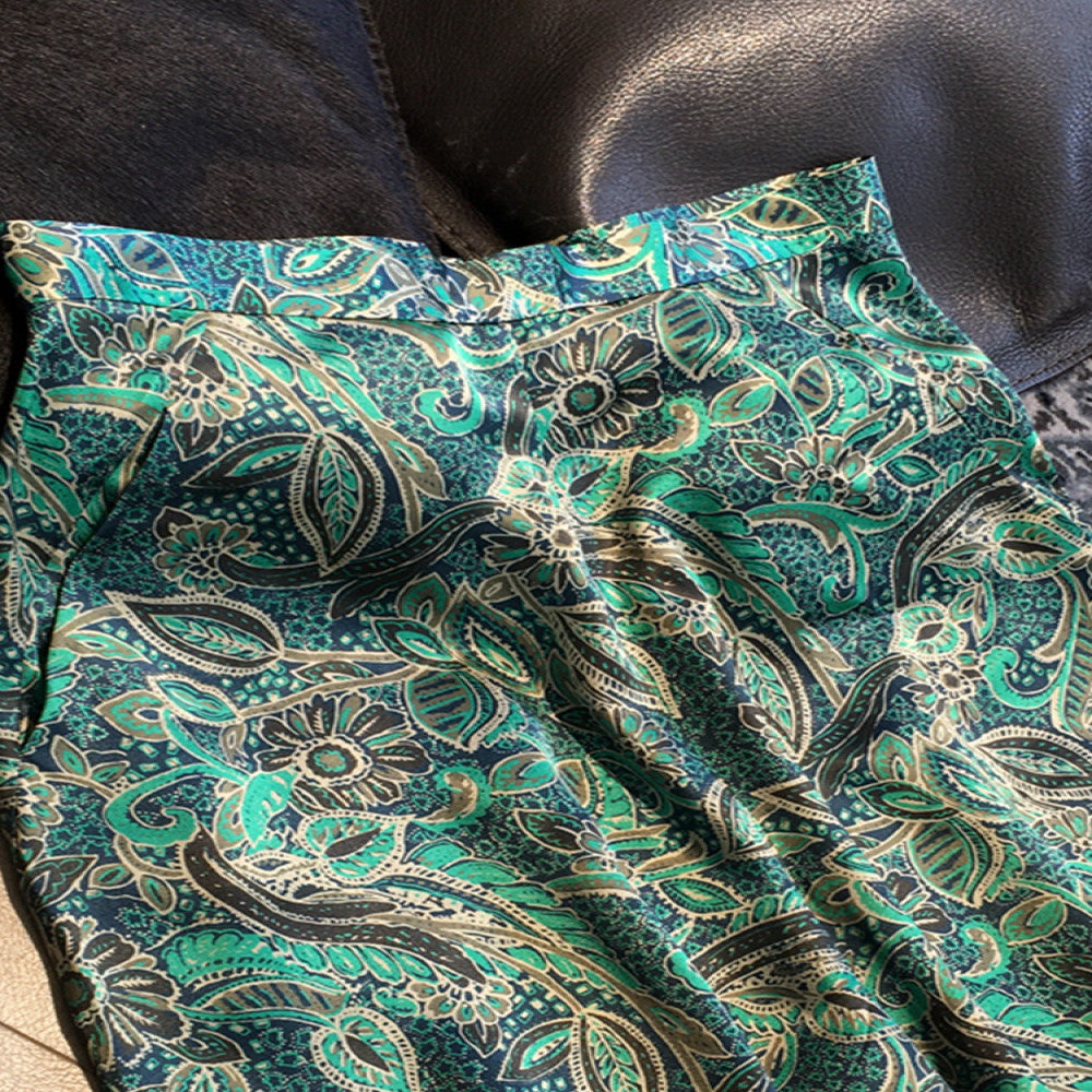 Heavy silk wrinkled satin wide leg pants with Chinese style improved cheongsam pants with ancient printing 2025 spring and autumn new versatile collection image 5