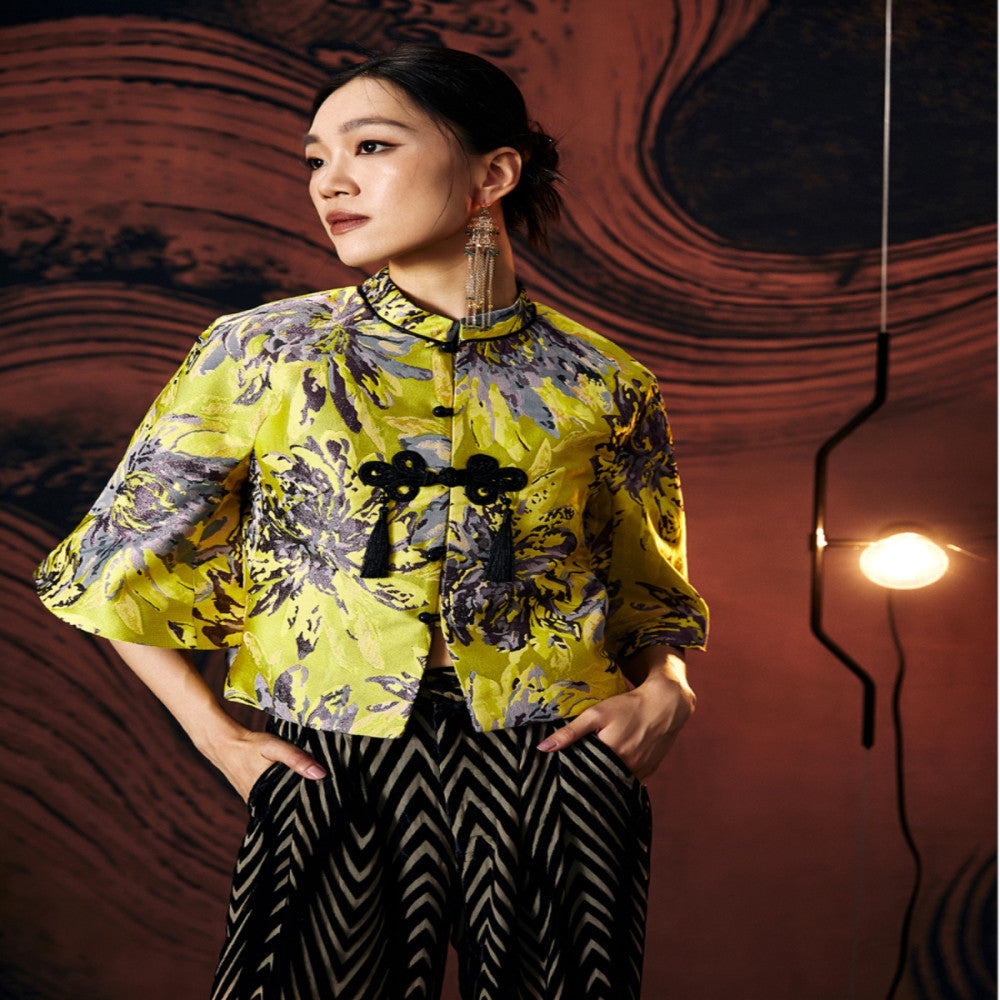 Gerbera jamesonii Original retro Chinese style women s clothing with yellow dyed bamboo jacquard and improved Tang style Chinese knot jacket short top image 0