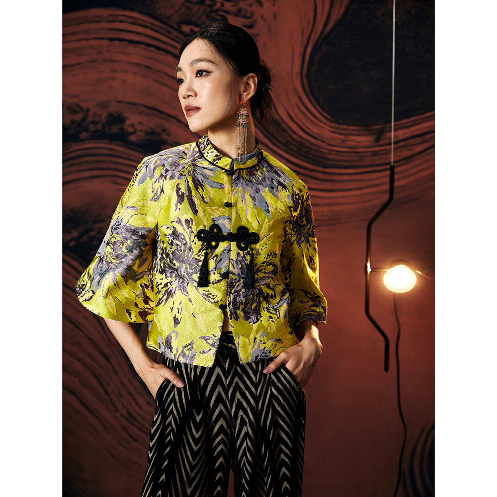 Gerbera jamesonii Original retro Chinese style women s clothing with yellow dyed bamboo jacquard and improved Tang style Chinese knot jacket short top image 10
