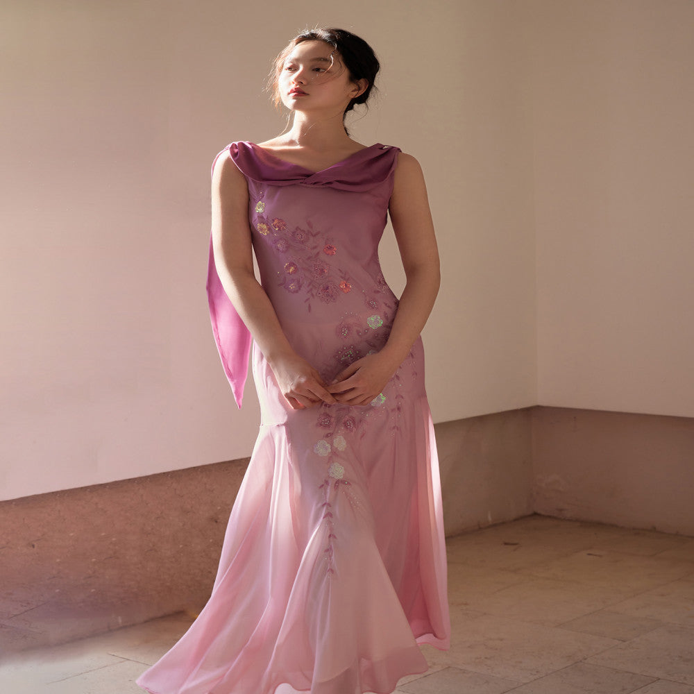Bead Embroidery Customized Gradient Rose Pink Slant Cut Fish Tail Pendant Dress image 7
