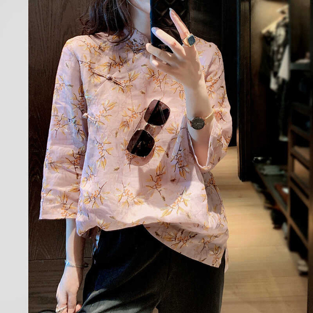 Women s shirt design sense niche 2025 Spring and Autumn new ramie Chinese retro top improved cheongsam Tang style buckle image 6