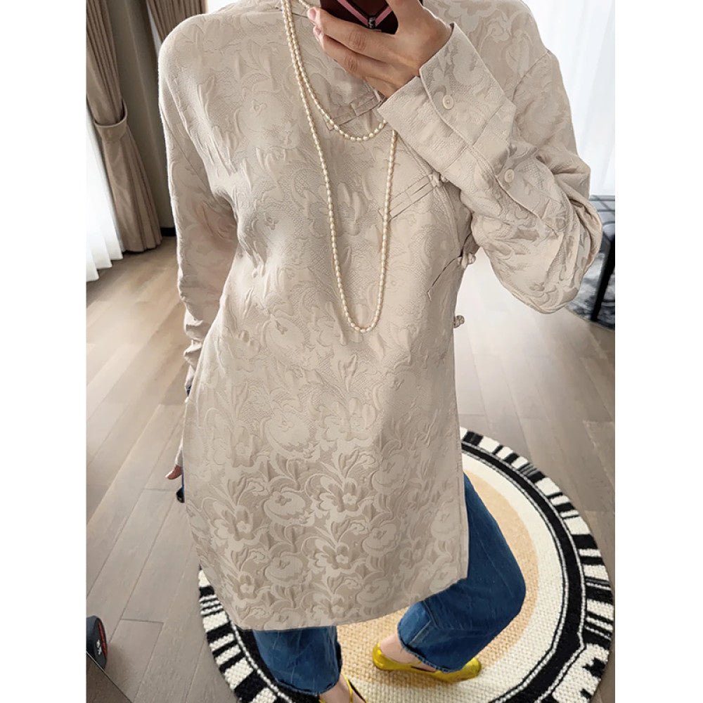 In stock new Chinese style jacquard slant collar button top long unique small fragrance style modified qipao tea suit image 13
