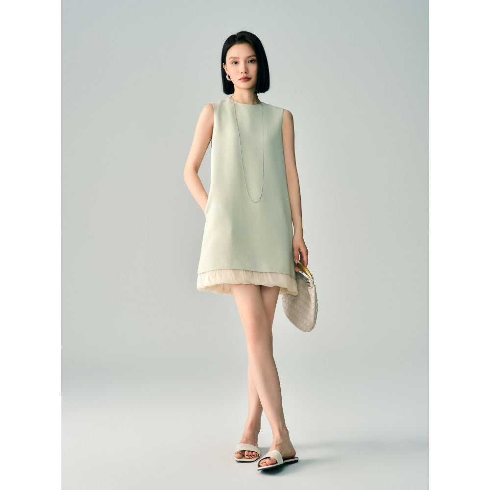 Simple temperament 2025 summer hem patchwork triacetate dress for women sleeveless A line short tender green vest skirt image 2