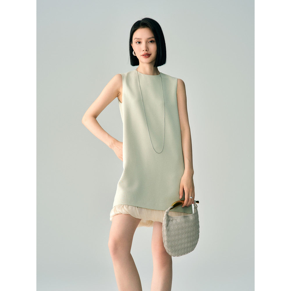 Simple temperament 2025 summer hem patchwork triacetate dress for women sleeveless A line short tender green vest skirt image 3