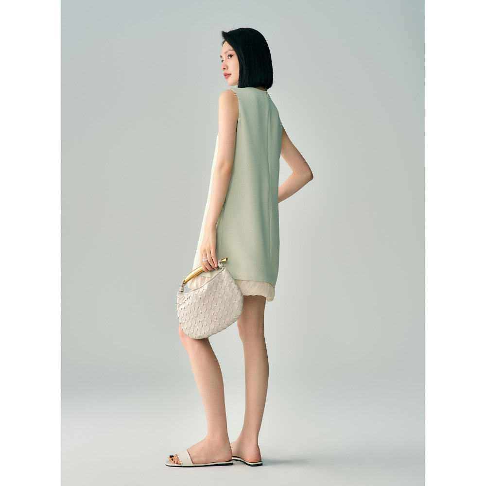 Simple temperament 2025 summer hem patchwork triacetate dress for women sleeveless A line short tender green vest skirt image 4