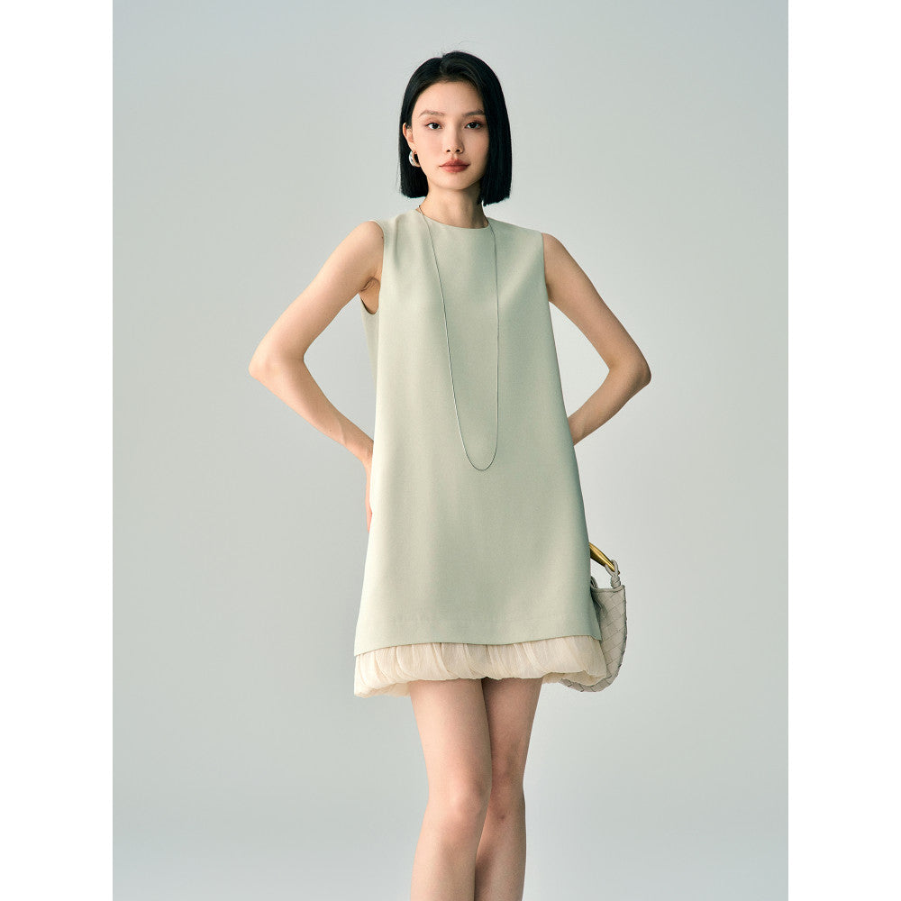 Simple temperament 2025 summer hem patchwork triacetate dress for women sleeveless A line short tender green vest skirt image 5