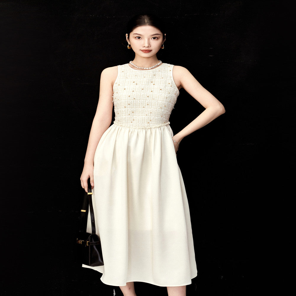 AIYUTONG Exquisite High Dinning Hemp Splicing Waist Style Big Swing Skirt White Fragrant Style Tank Top Dress for Women image 3