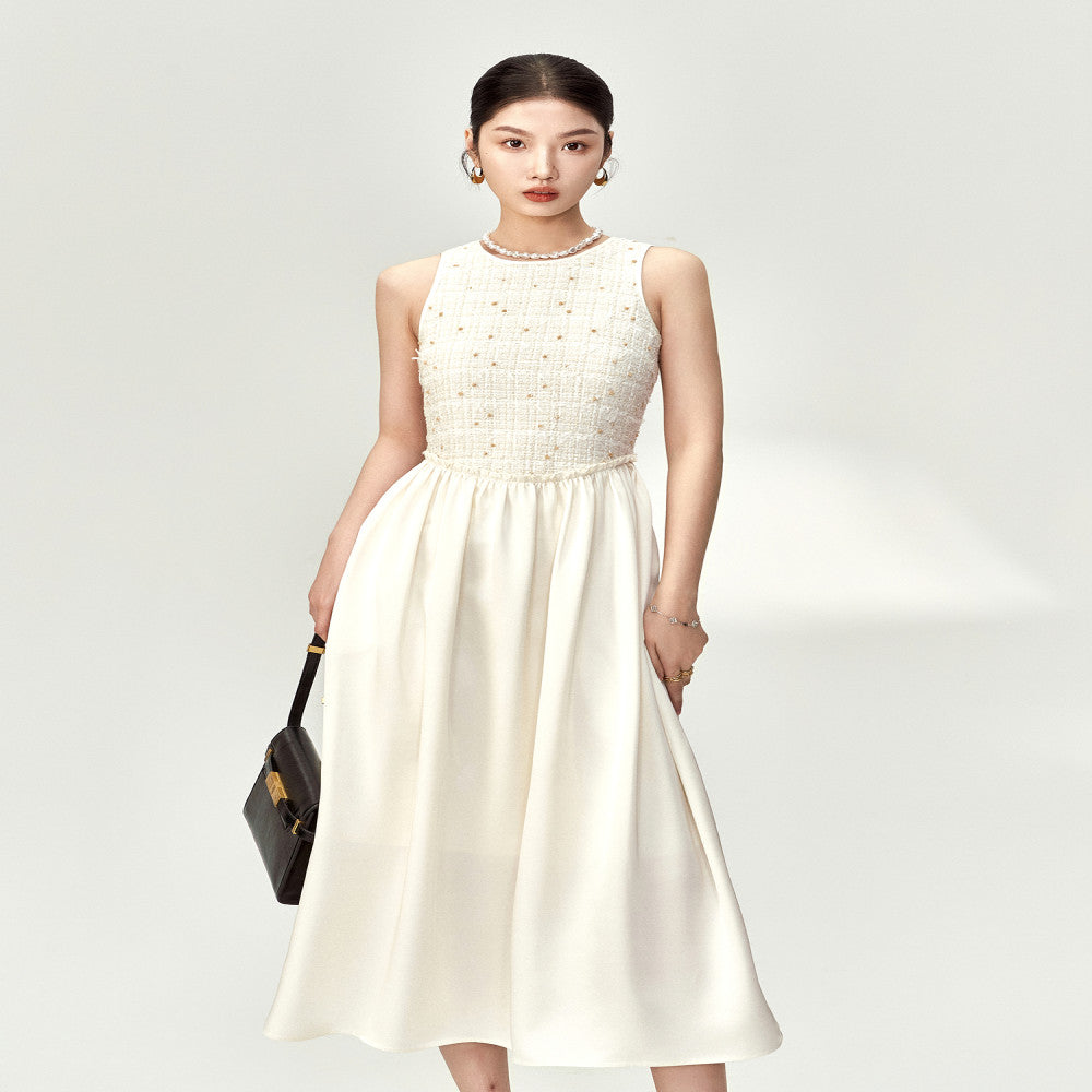 AIYUTONG Exquisite High Dinning Hemp Splicing Waist Style Big Swing Skirt White Fragrant Style Tank Top Dress for Women image 4