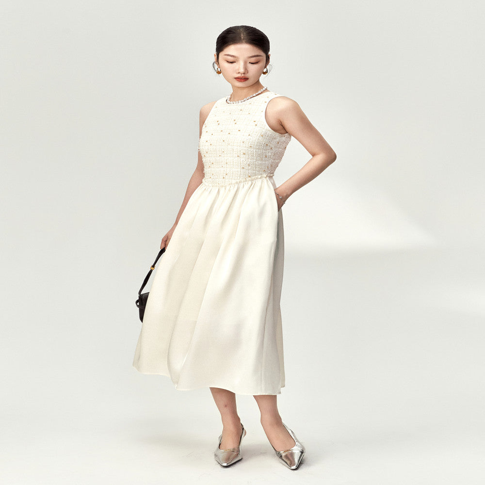 AIYUTONG Exquisite High Dinning Hemp Splicing Waist Style Big Swing Skirt White Fragrant Style Tank Top Dress for Women image 5