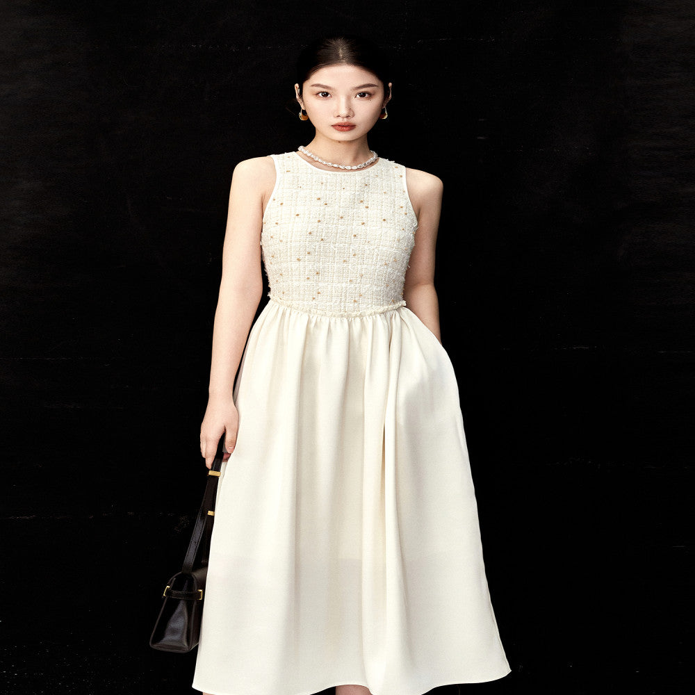 AIYUTONG Exquisite High Dinning Hemp Splicing Waist Style Big Swing Skirt White Fragrant Style Tank Top Dress for Women image 0
