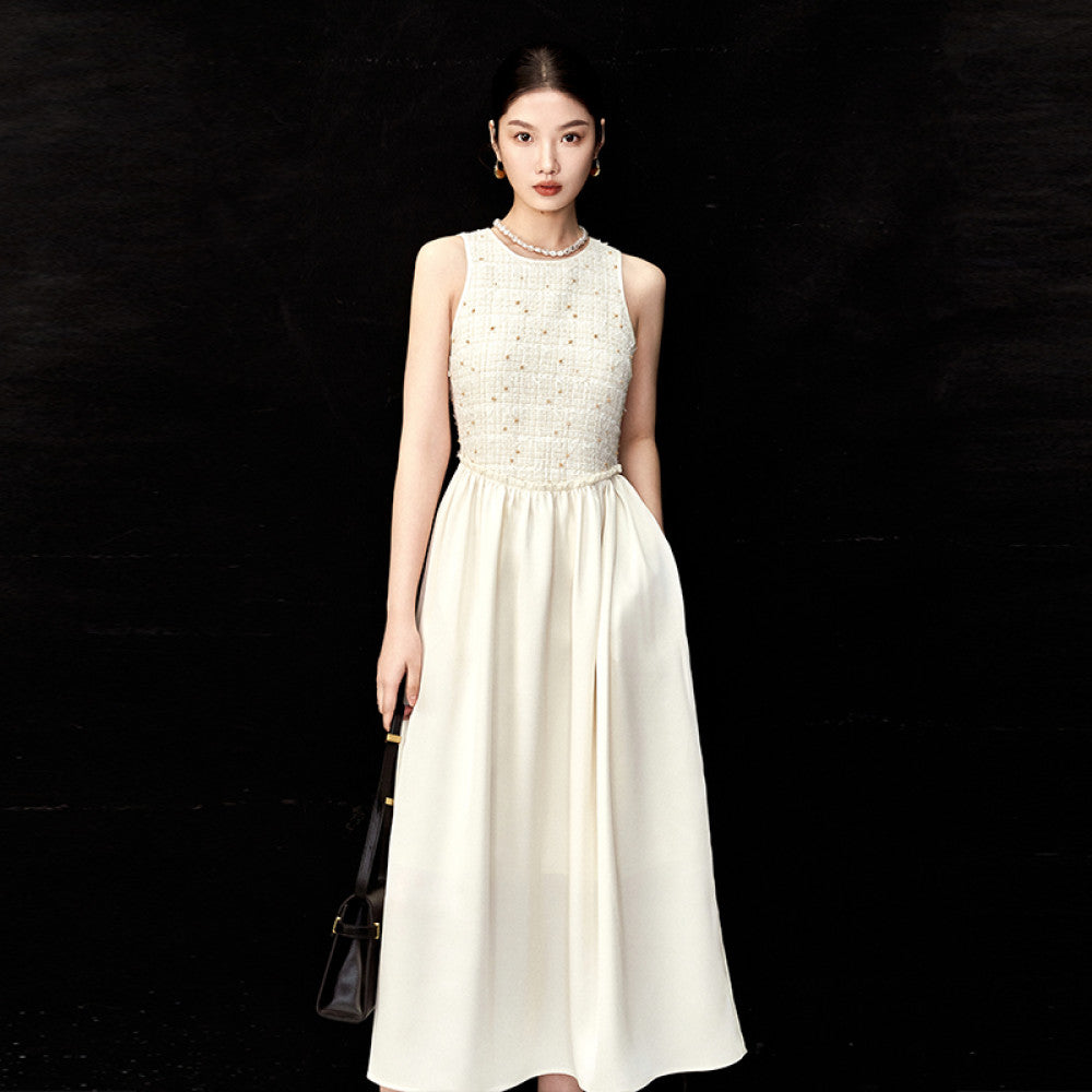 AIYUTONG Exquisite High Dinning Hemp Splicing Waist Style Big Swing Skirt White Fragrant Style Tank Top Dress for Women image 6