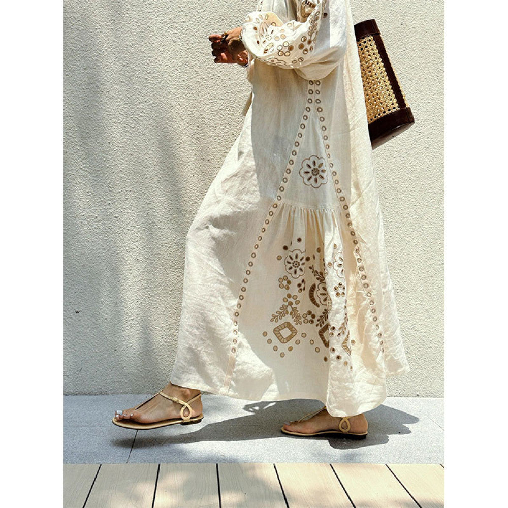 Retro Japanese style exquisite romantic beach vacation style embroidered linen dress niche design knee length long skirt image 8