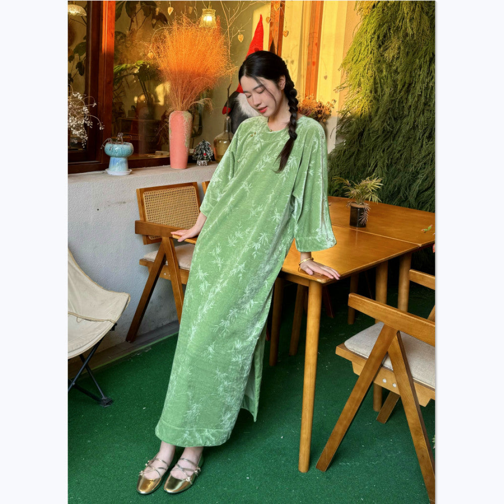 Taoran women s new Chinese style ethnic style jacquard dress women s new improved cheongsam long skirt velvet Zen robe image 6