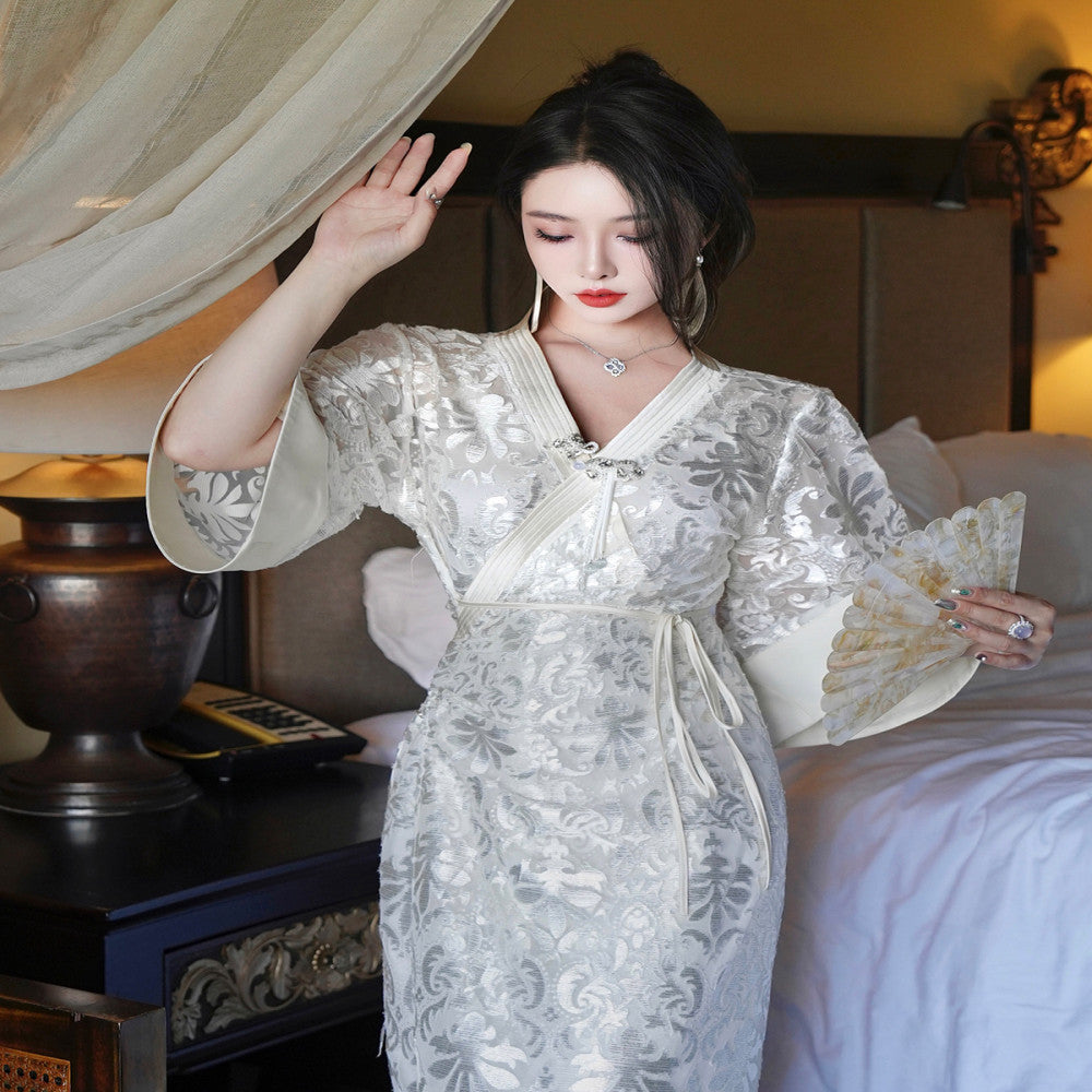 ReVe high end white magnolia three dimensional relief velvet jacquard mesh cross tie new Chinese style dress image 1