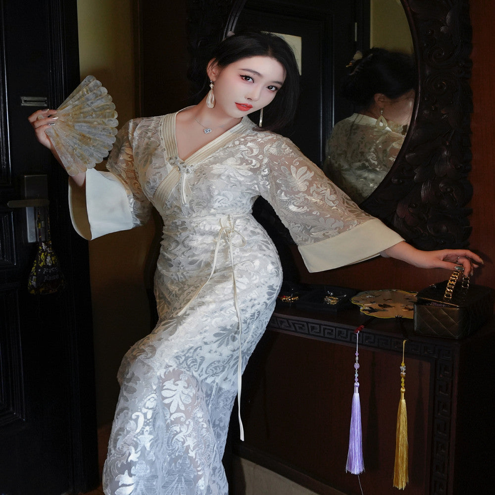 ReVe high end white magnolia three dimensional relief velvet jacquard mesh cross tie new Chinese style dress image 2