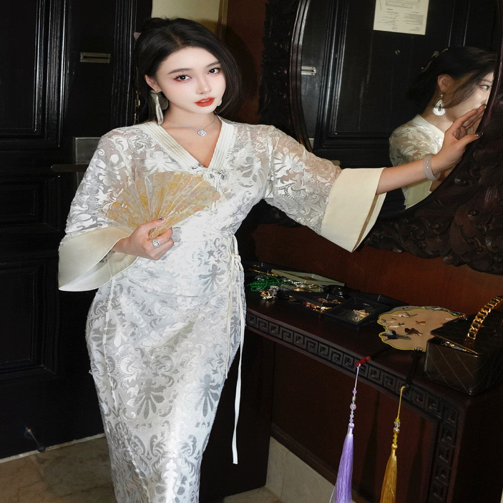 ReVe high end white magnolia three dimensional relief velvet jacquard mesh cross tie new Chinese style dress image 3