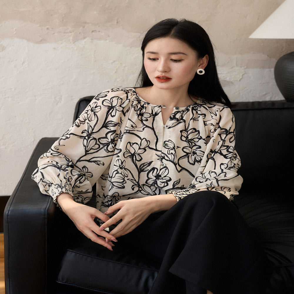 Xiaohan Pavilion Light Breathing Tencel Linen Breathable Dry and Simple Versatile Round Neck Long Sleeve Small Top image 2