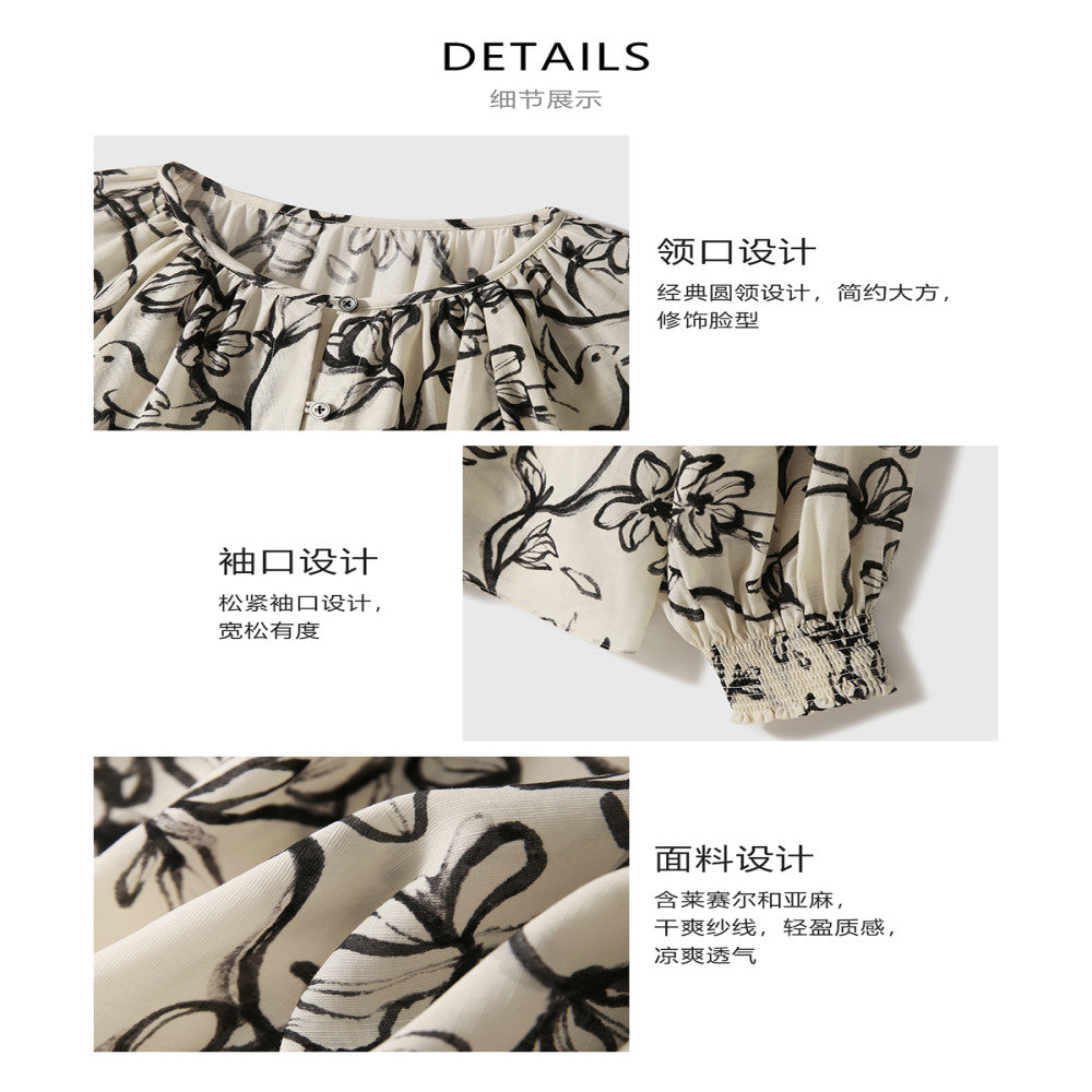 Xiaohan Pavilion Light Breathing Tencel Linen Breathable Dry and Simple Versatile Round Neck Long Sleeve Small Top image 3