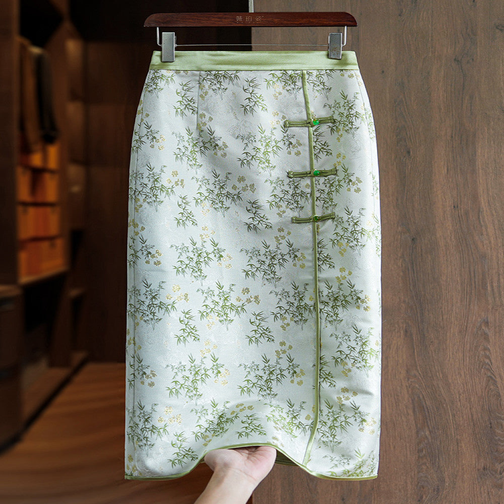 Green temperament new Chinese style buttoned skirt women s autumn and winter new retro national style jacquard high waist slit A line skirt image 0