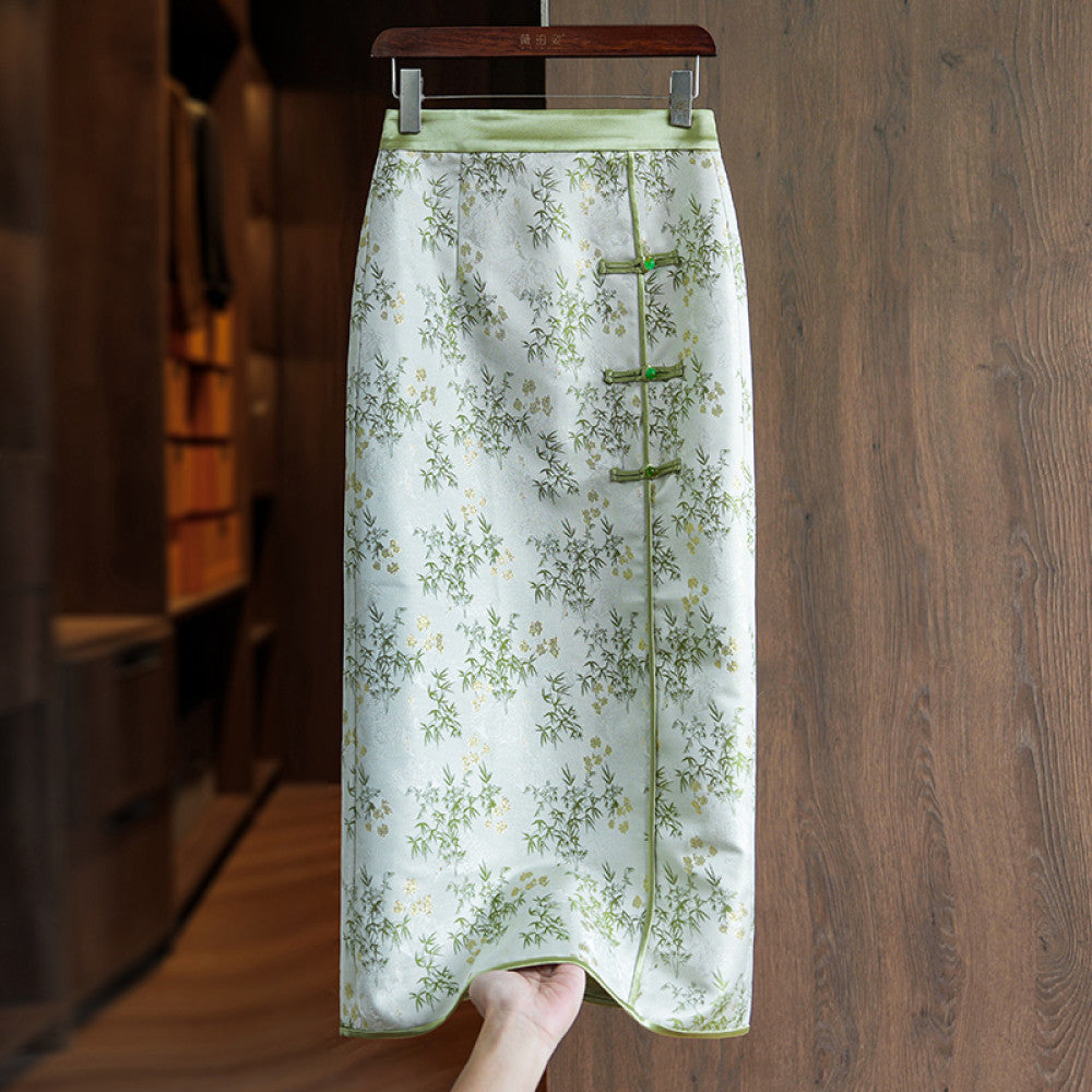 Green temperament new Chinese style buttoned skirt women s autumn and winter new retro national style jacquard high waist slit A line skirt image 10