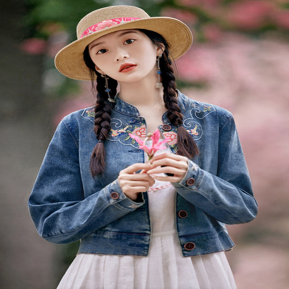Flower production half acre flower field original national style embroidery denim jacket female retro design new Chinese style top summer image 1