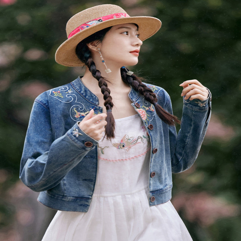 Flower production half acre flower field original national style embroidery denim jacket female retro design new Chinese style top summer image 2