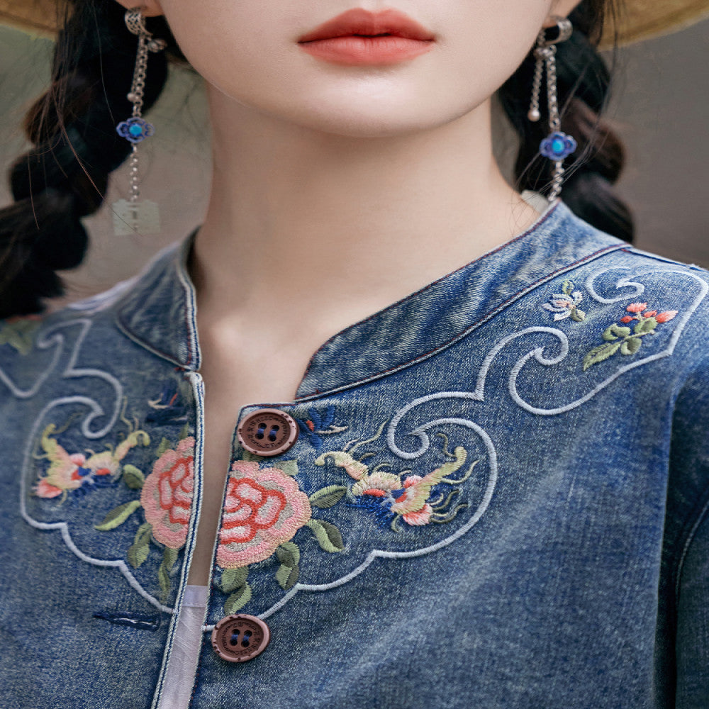 Flower production half acre flower field original national style embroidery denim jacket female retro design new Chinese style top summer image 3