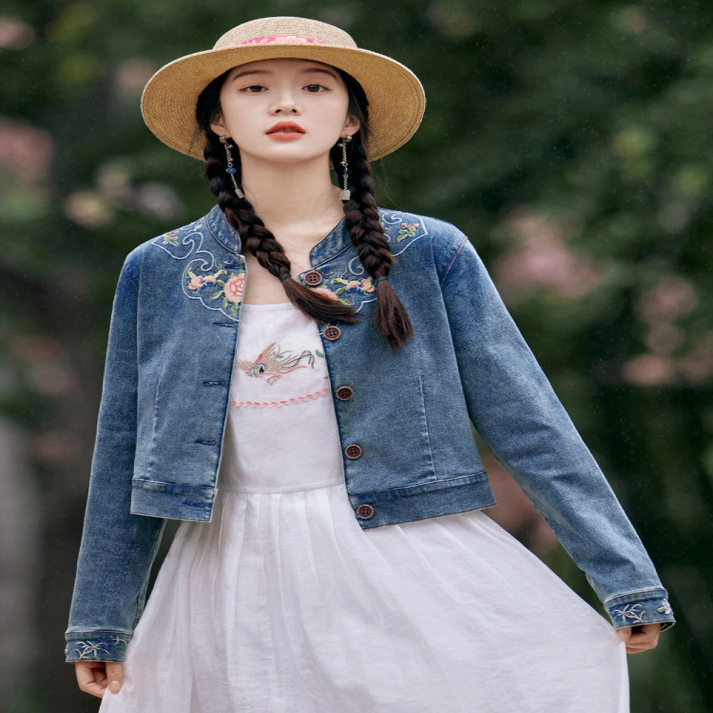 Flower production half acre flower field original national style embroidery denim jacket female retro design new Chinese style top summer image 4