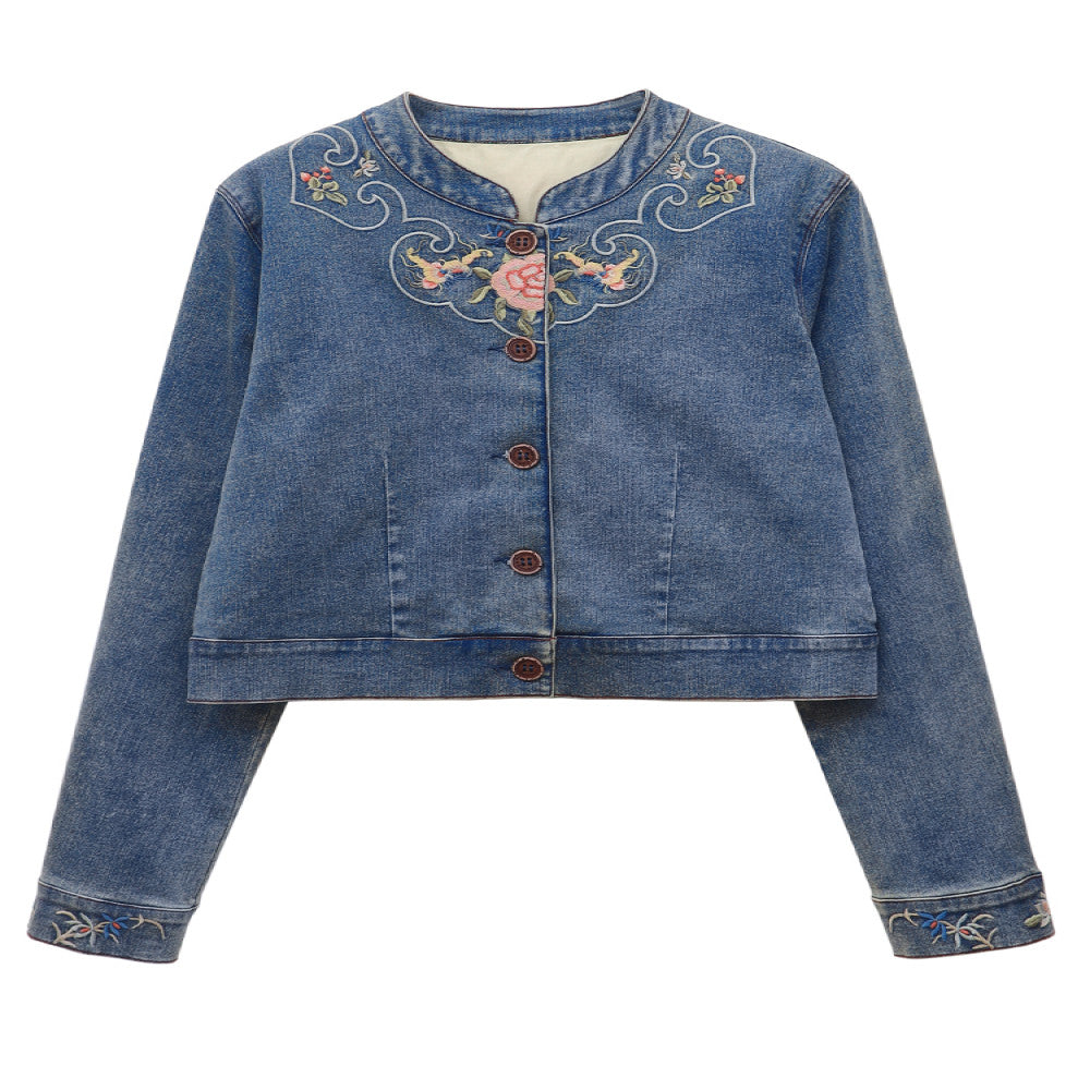 Flower production half acre flower field original national style embroidery denim jacket female retro design new Chinese style top summer image 5